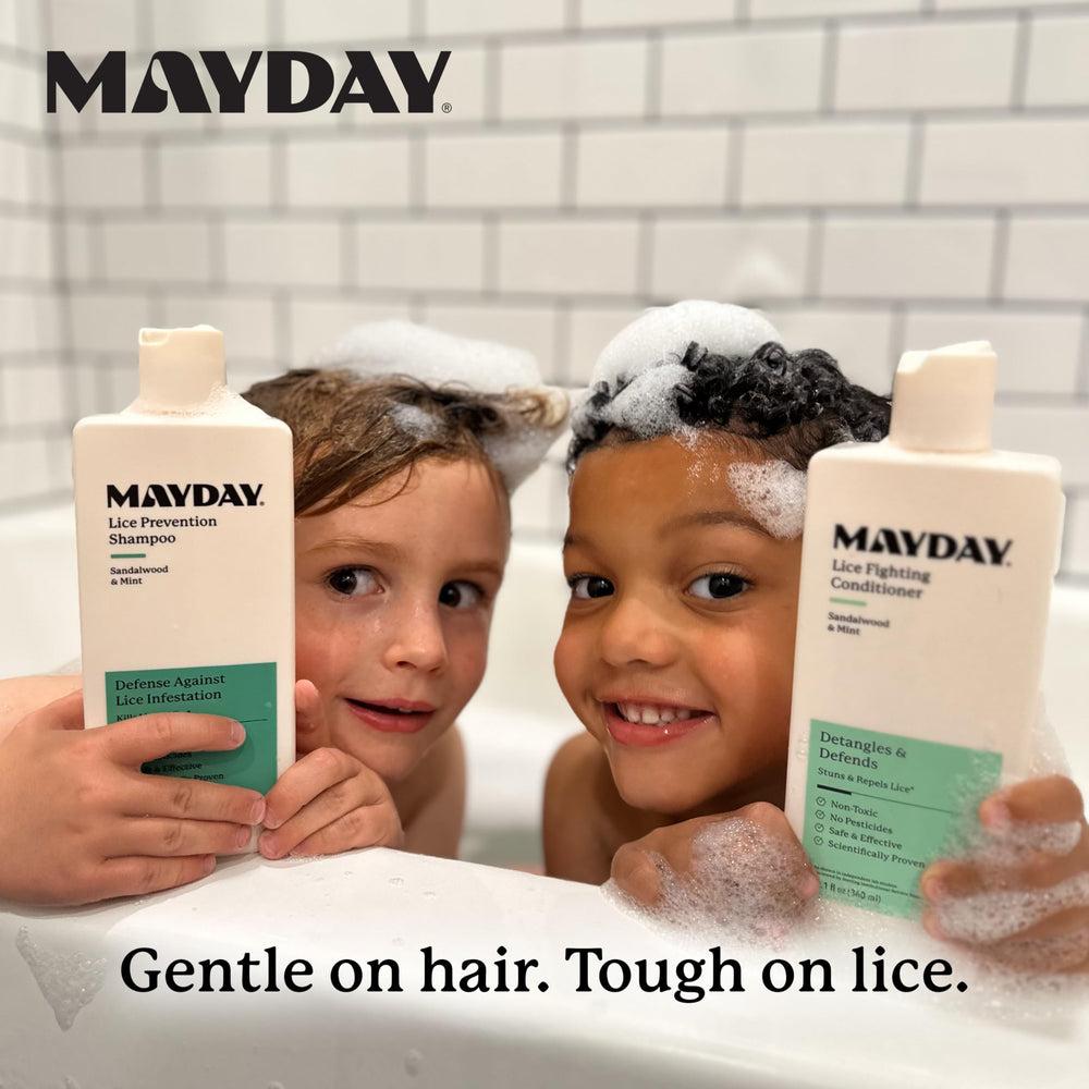 MAYDAY Lice Fighting Conditioner bathroom scene illustrates easy at-home lice defense routine.