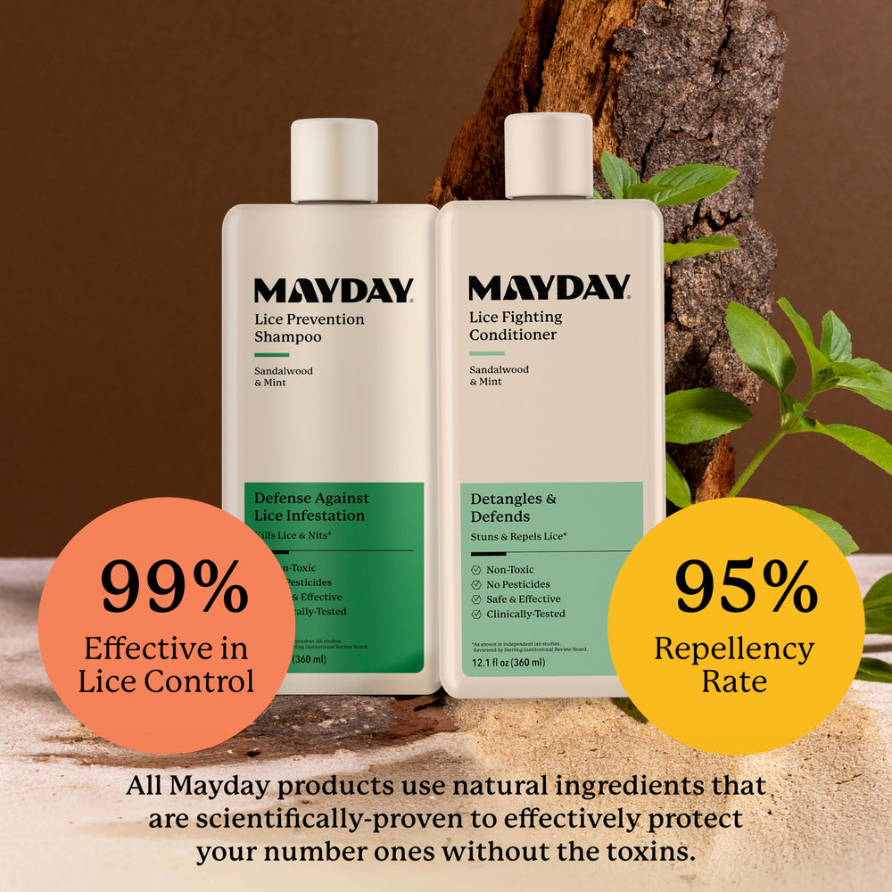 MAYDAY Lice Fighting Conditioner hair application scene suggests smoothing and detangling while defending against lice.