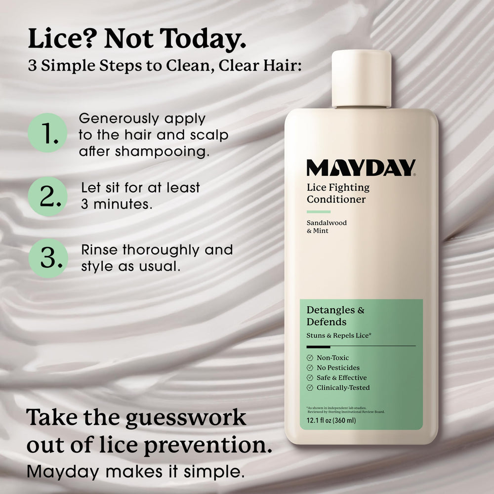 MAYDAY Lice Fighting Conditioner ingredients sandalwood-mint close-up emphasizes natural care.