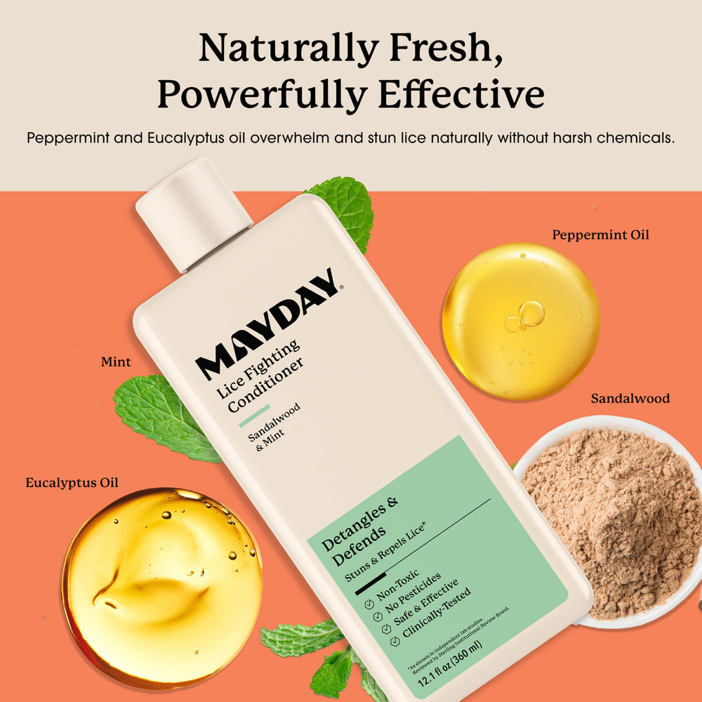 MAYDAY Lice Fighting Conditioner packaging box shown for family-friendly lice defense.
