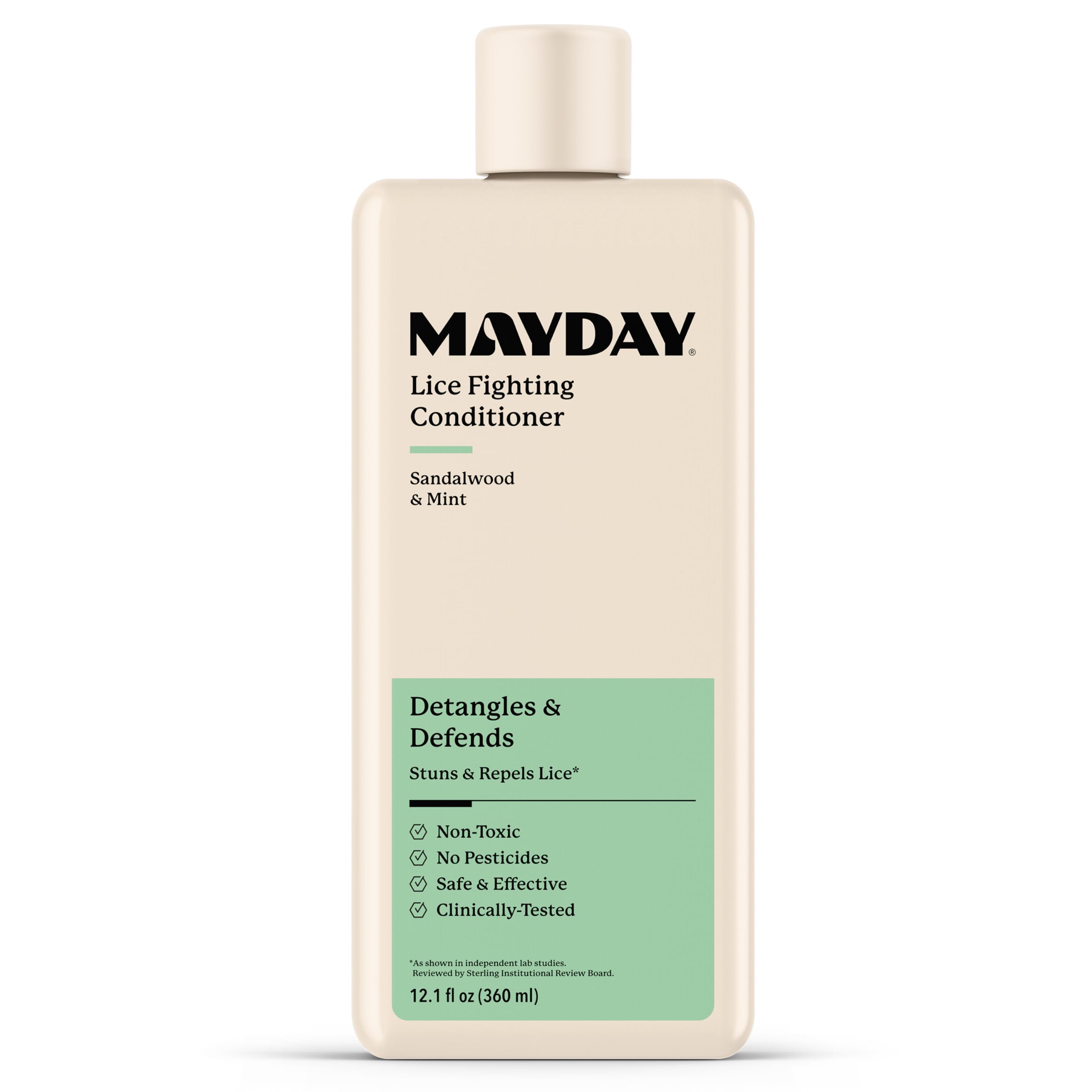 MAYDAY Lice Fighting Conditioner sandalwood-mint bottle pour shows non-toxic lice defense and detangling.