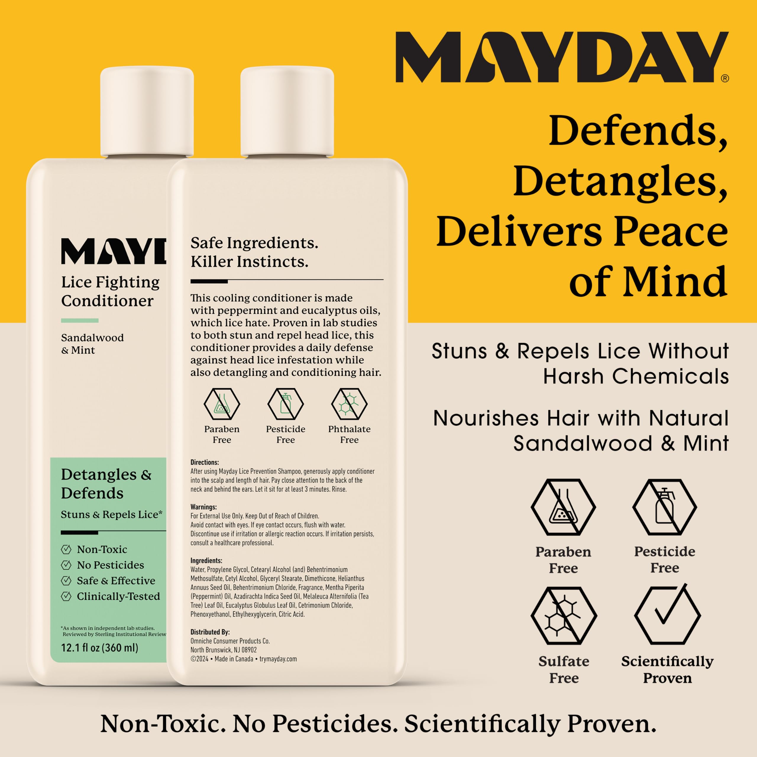MAYDAY Lice Fighting Conditioner sandalwood-mint front label highlights natural ingredients for prevention.
