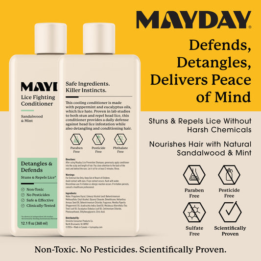 MAYDAY Lice Fighting Conditioner sandalwood-mint front label highlights natural ingredients for prevention.