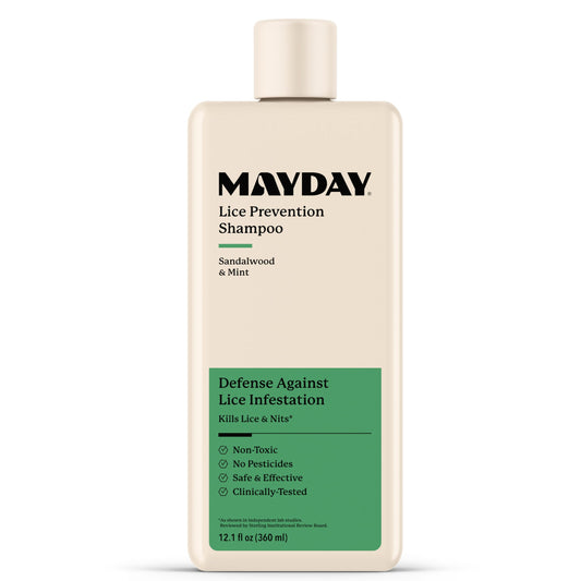 Mayday lice-prevention shampoo sandalwood-mint 12oz bottle safeguards families with non-toxic lice defense.