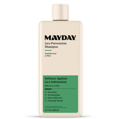 Mayday lice-prevention shampoo sandalwood-mint 12oz bottle safeguards families with non-toxic lice defense.