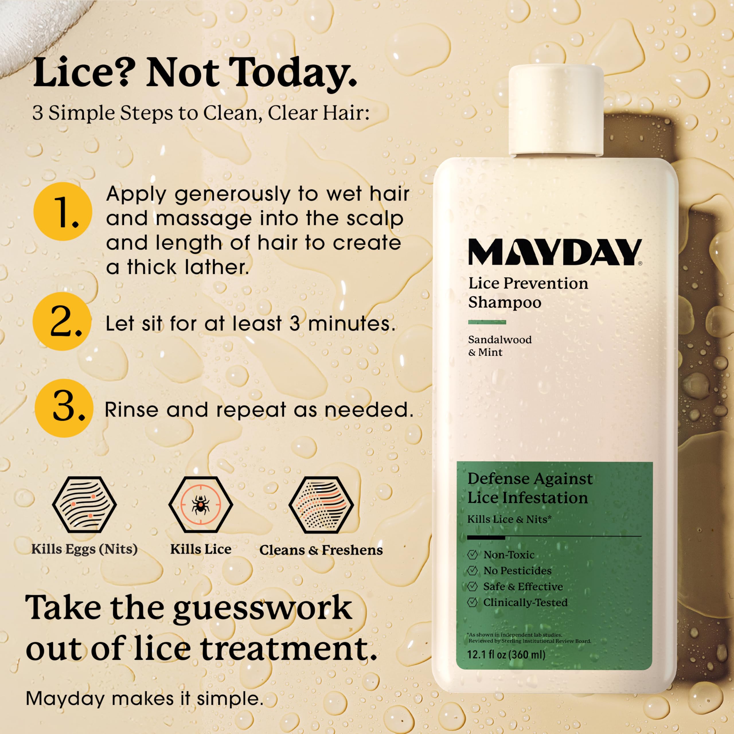 Mayday shampoo label closeup sandalwood-mint reveals clean, refreshing scent and gentle formulation.