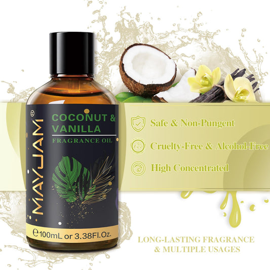 Amber glass bottle containing MAYJAM coconut vanilla fragrance oil