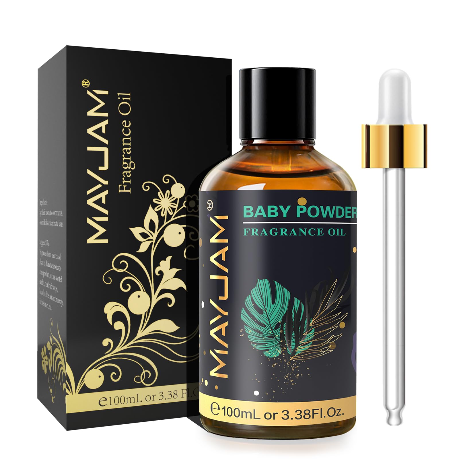 MAYJAM Baby Powder fragrance oil in a 100ml amber glass bottle with dropper