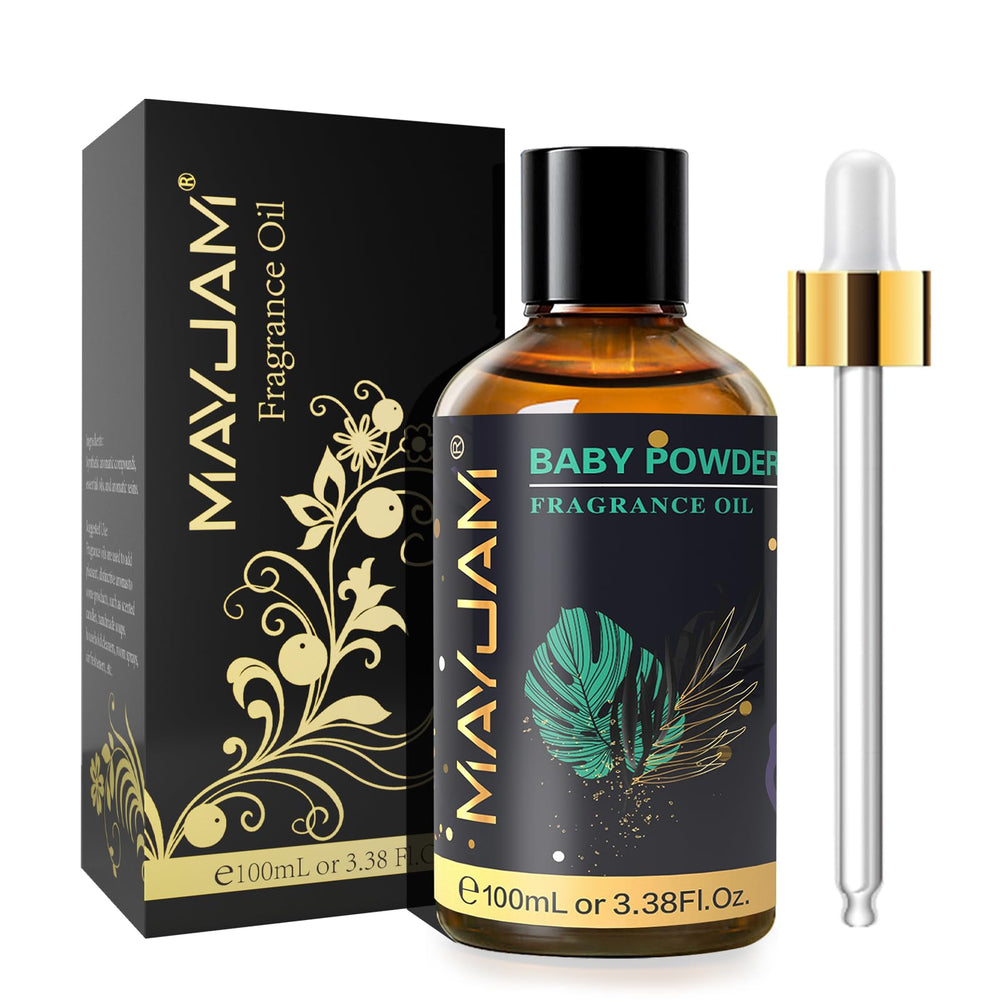 MAYJAM Baby Powder fragrance oil in a 100ml amber glass bottle with dropper
