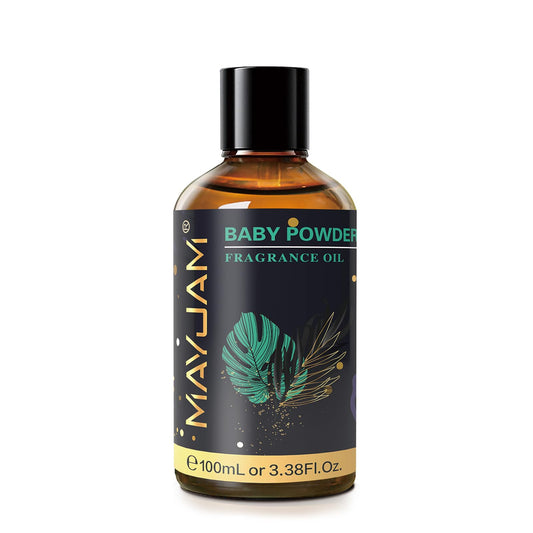 Close-up of MAYJAM Baby Powder fragrance oil bottle with glass dropper