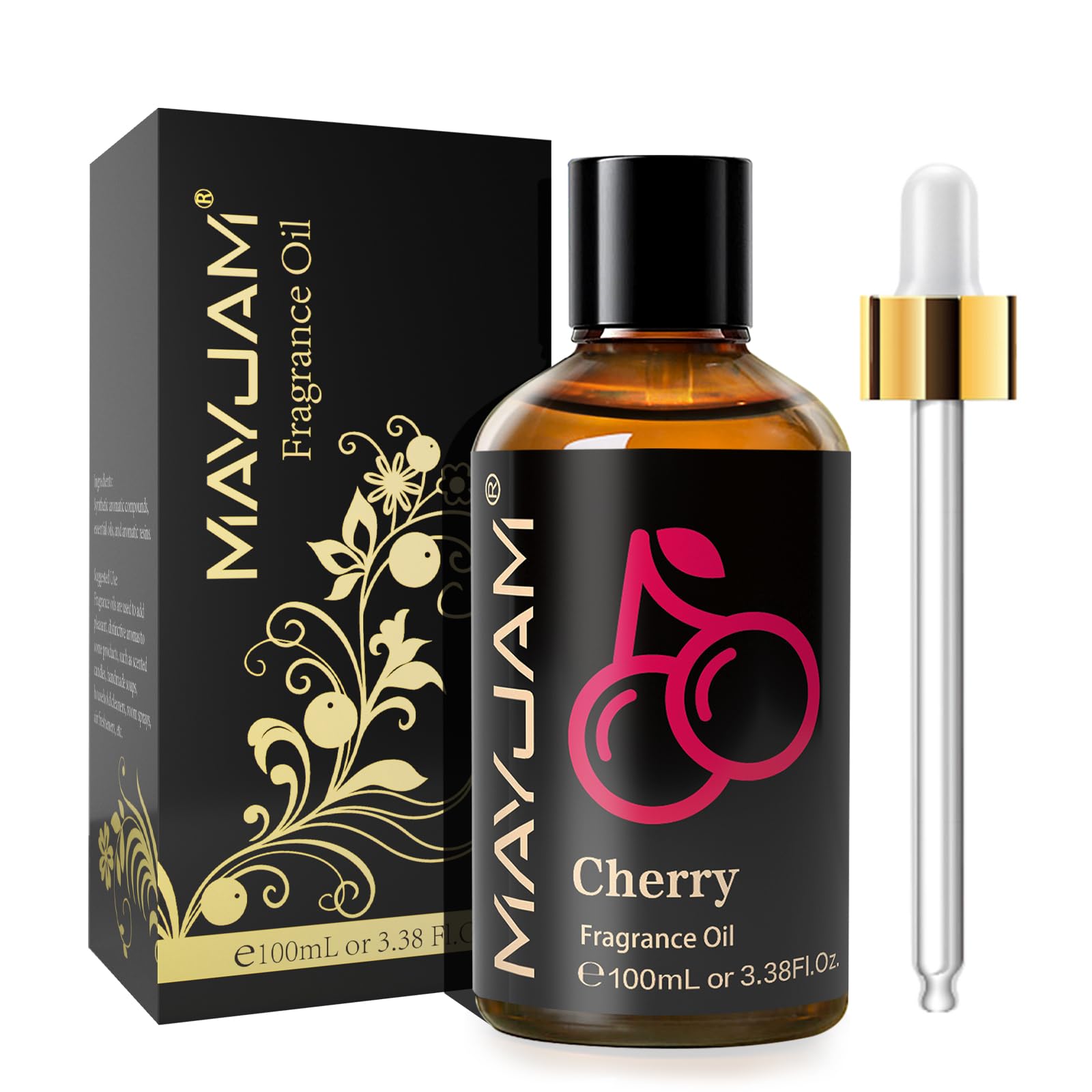 Amber glass bottle of MAYJAM Cherry Fragrance Oil with glass dropper