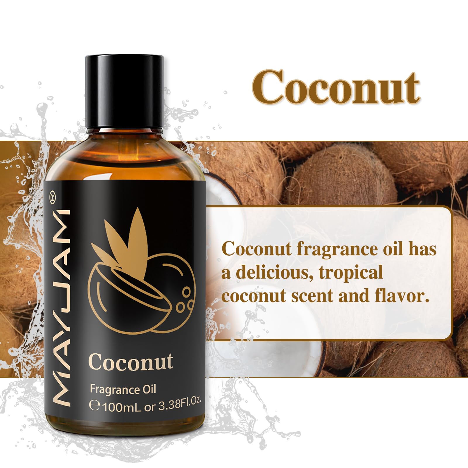 Coconut fragrance oil in amber bottle with cap and label