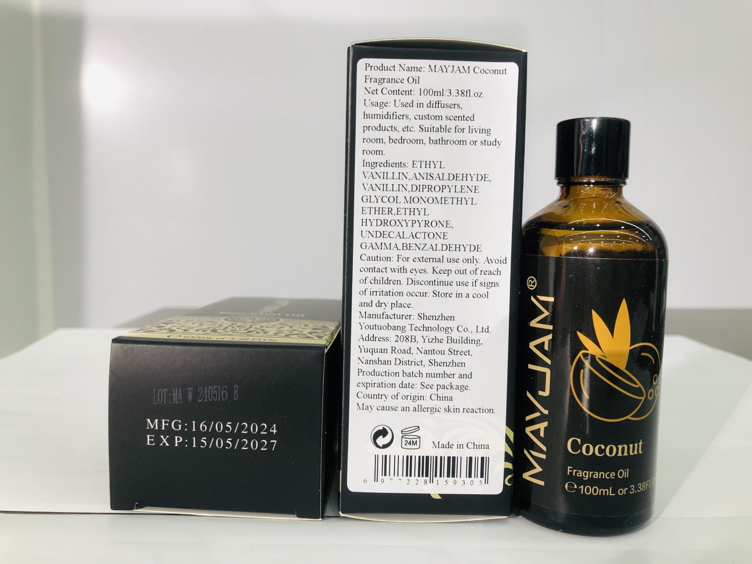 Elegant packaging and 100ml coconut fragrance oil by MAYJAM