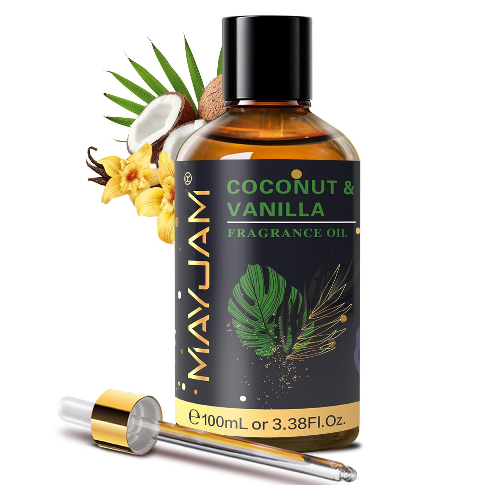 MAYJAM Coconut & Vanilla fragrance oil in a 100ml amber glass bottle with dropper.