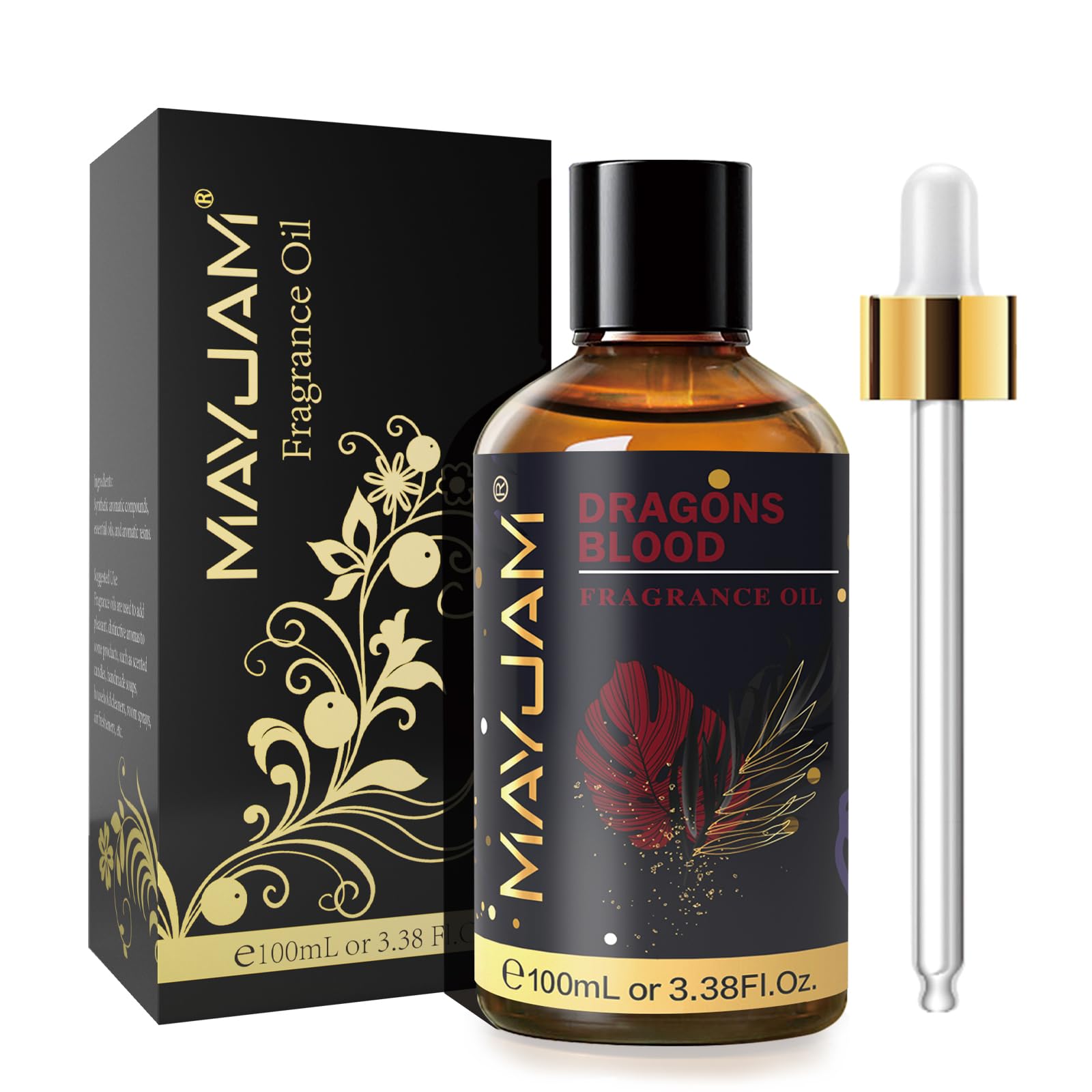 100ml amber bottle of MAYJAM Dragons Blood fragrance oil with glass dropper