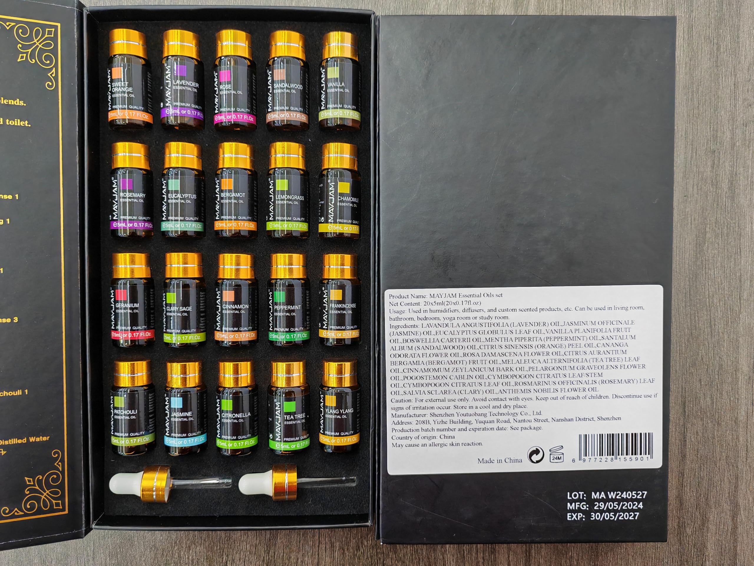 Elegant gift-ready MAYJAM essential oil set packaging