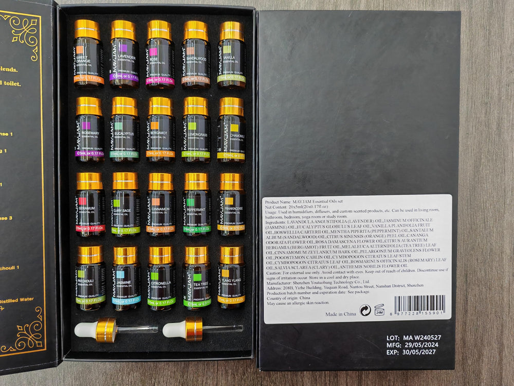 Elegant gift-ready MAYJAM essential oil set packaging