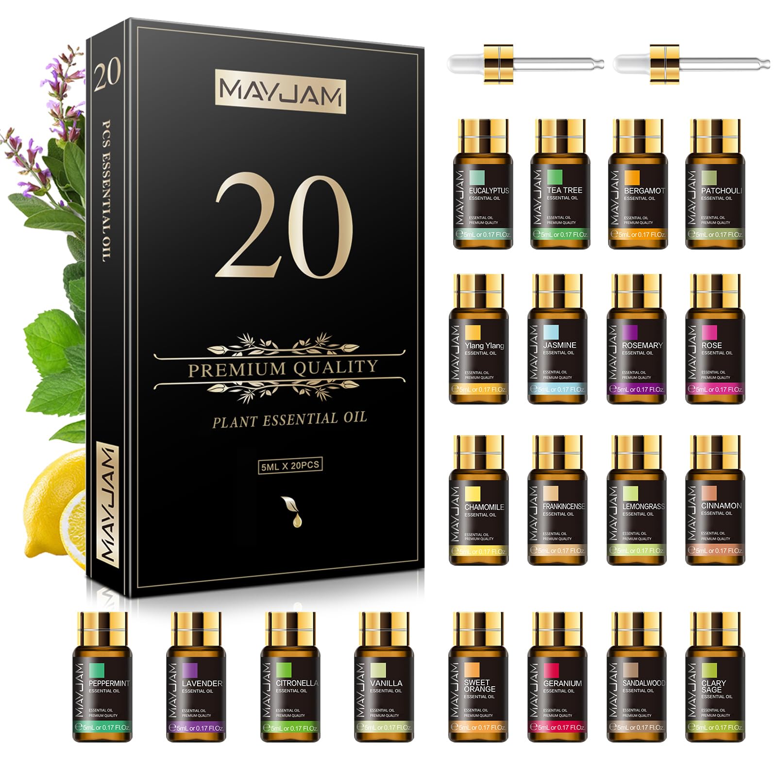 MAYJAM Essential Oil Set packaging display with 20 bottles, ideal for gifting and home aromatherapy.