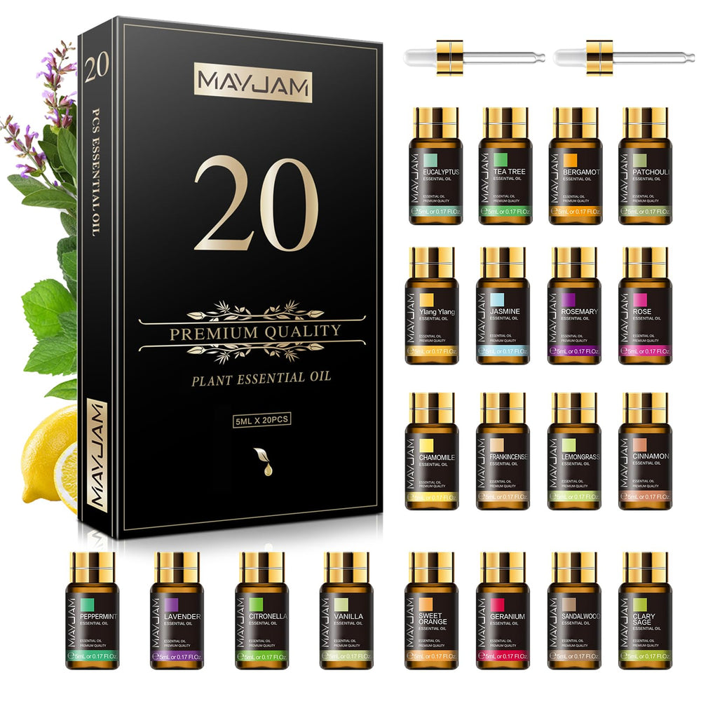 MAYJAM Essential Oil Set packaging display with 20 bottles, ideal for gifting and home aromatherapy.