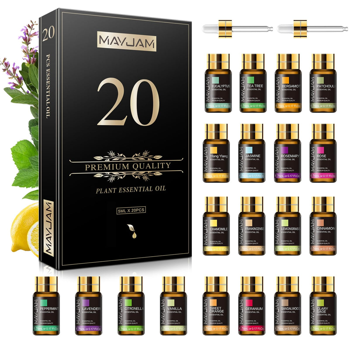 MAYJAM Essential Oil Set packaging display with 20 bottles, ideal for gifting and home aromatherapy.
