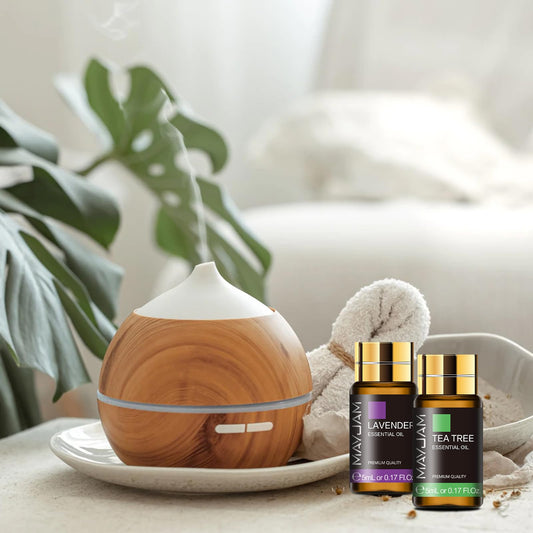 MAYJAM Essential Oil Set close-up of bottles in a variety-pack, suitable for diffusers, soaps, candles and massages.