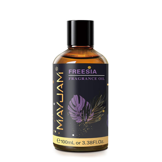 Close-up of MAYJAM Freesia fragrance oil bottle with dropper