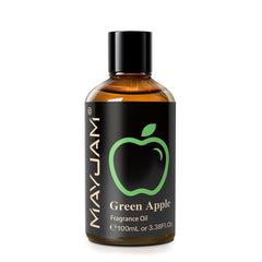 Amber 100ml bottle of MAYJAM Green Apple fragrance oil with dropper cap