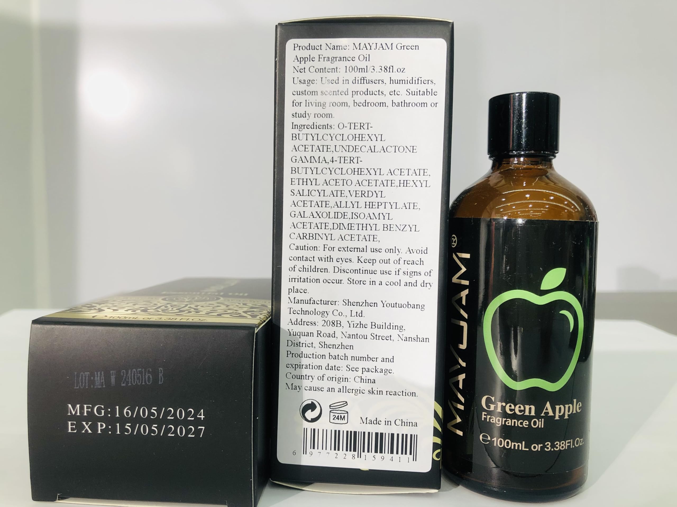 Elegant MAYJAM packaging for Green Apple fragrance oil