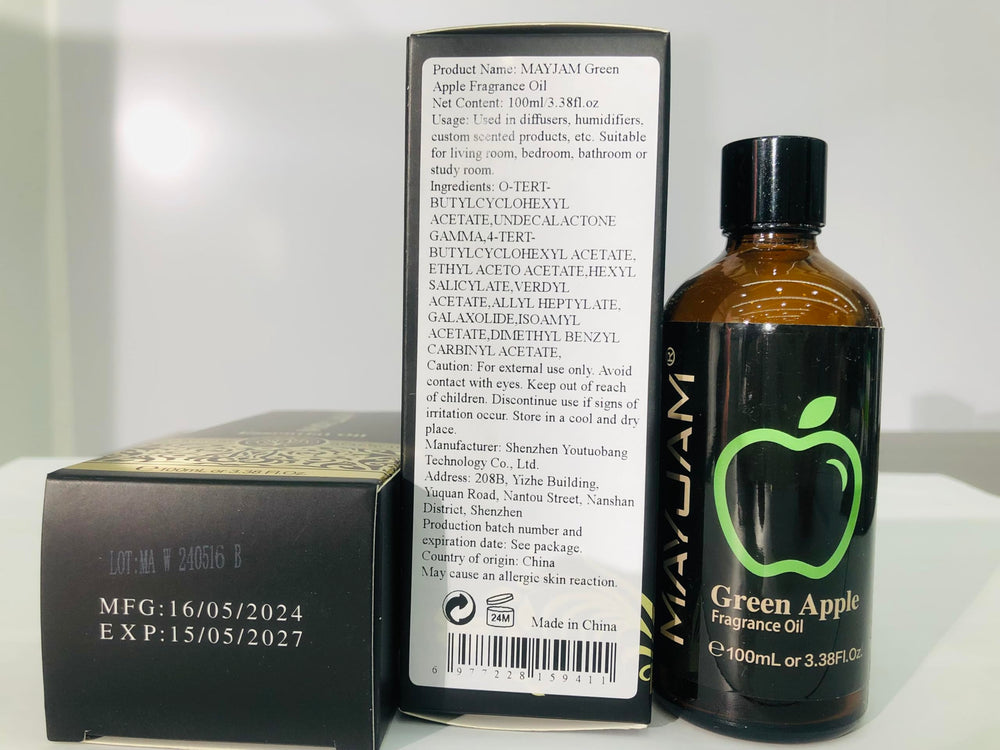 Elegant MAYJAM packaging for Green Apple fragrance oil