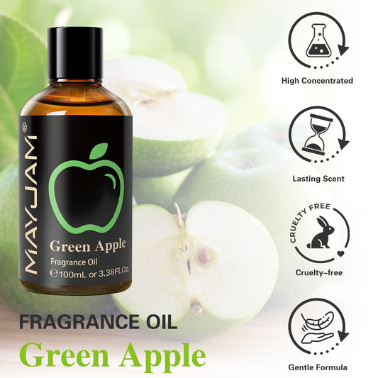 MAYJAM Green Apple glass dropper ensuring precise drops for diffusers and crafts.