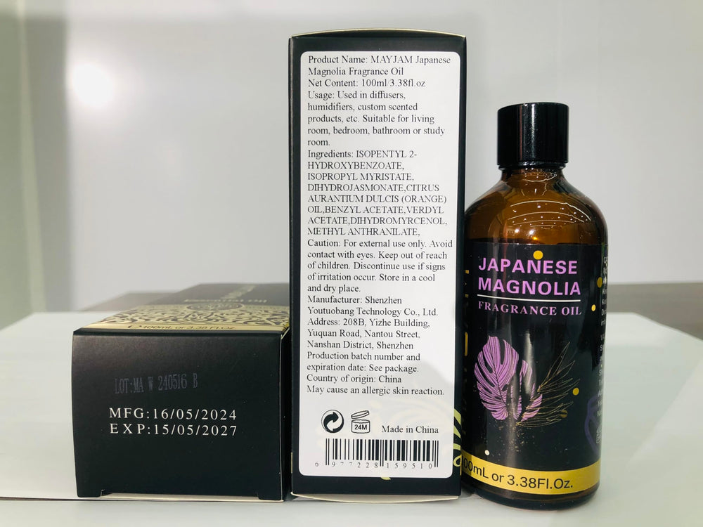 Label on MAYJAM Japanese Magnolia fragrance oil bottle