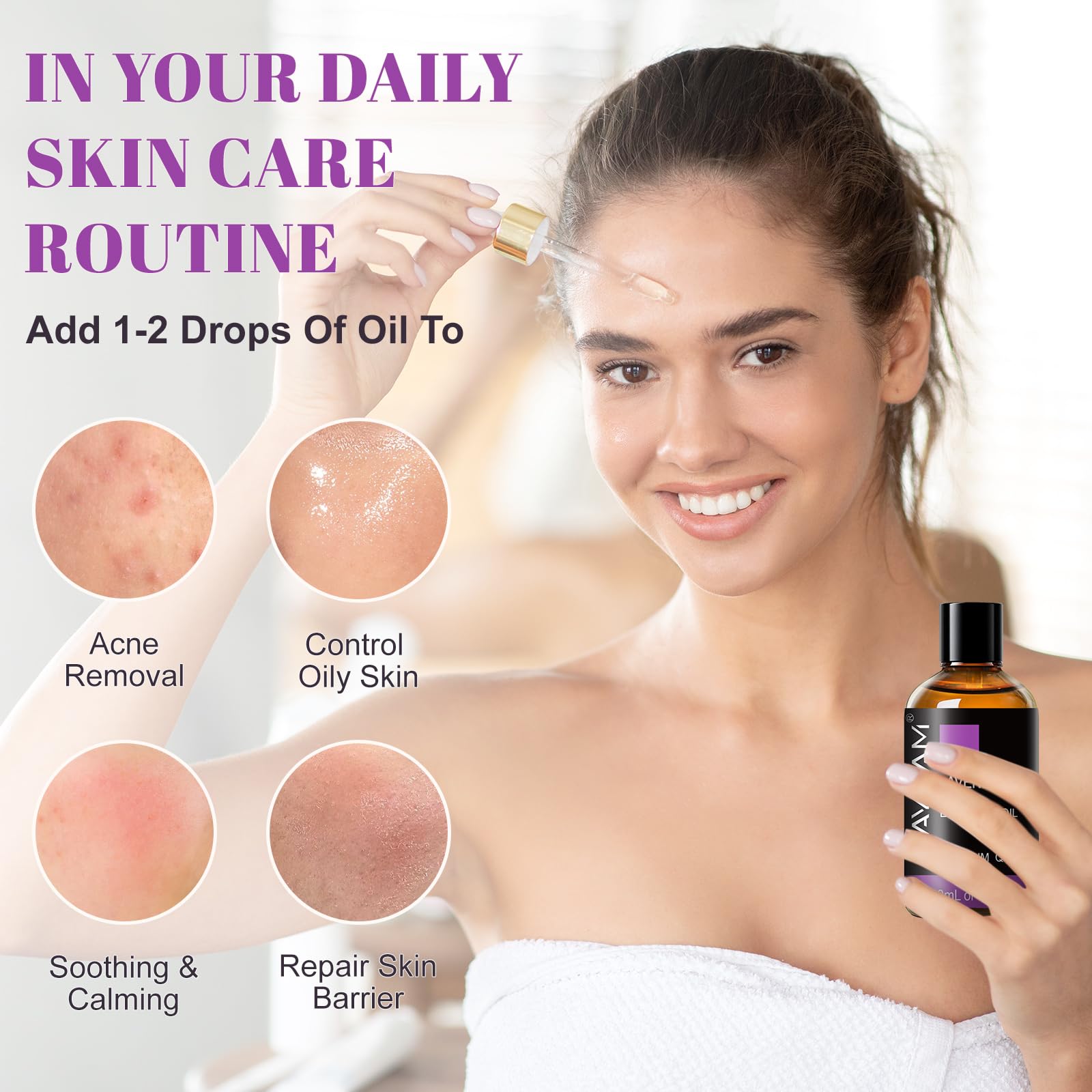 Relaxing lavender oil massage setup with bottle