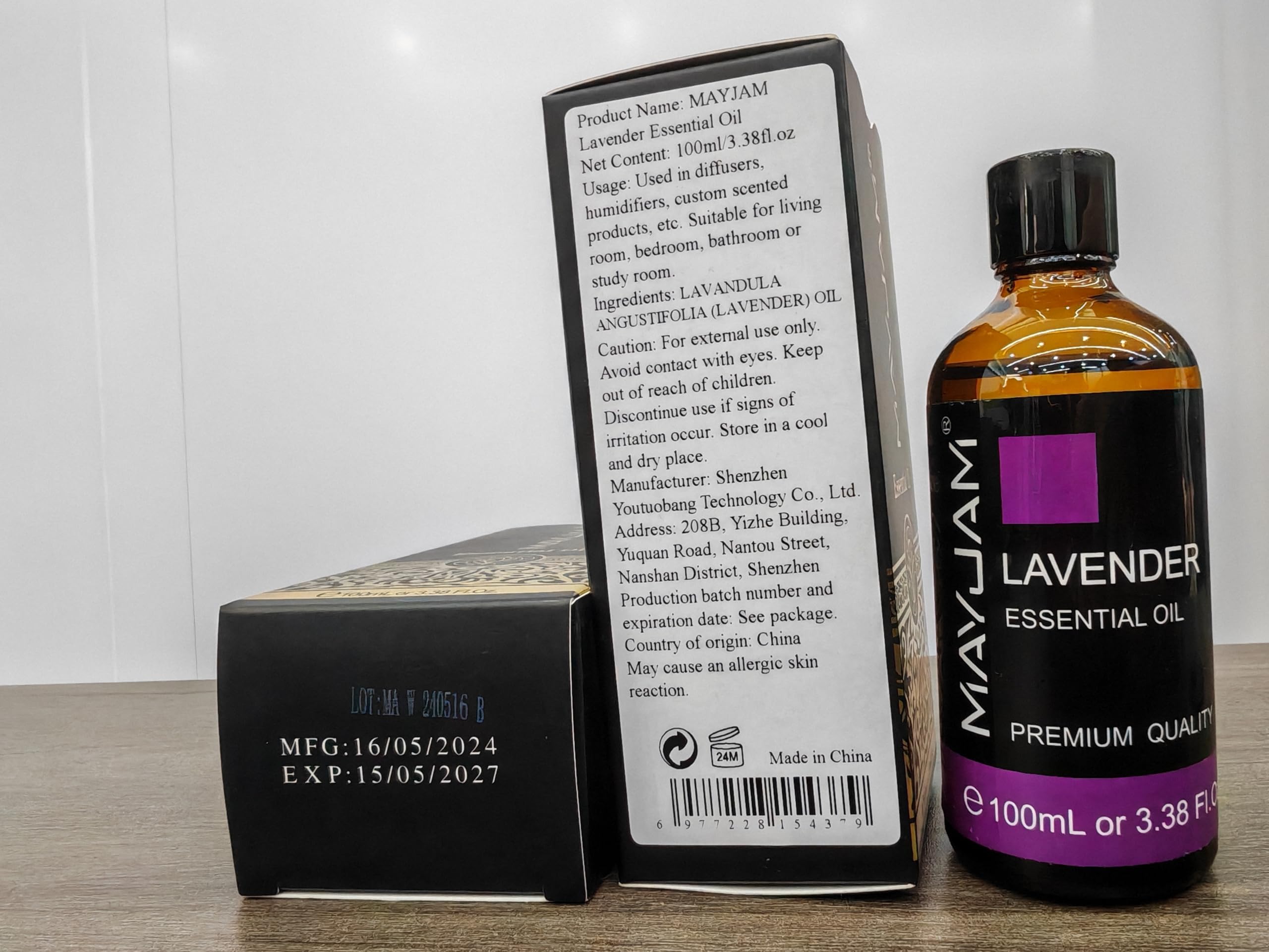 Elegant MAYJAM Lavender Essential Oil gift packaging