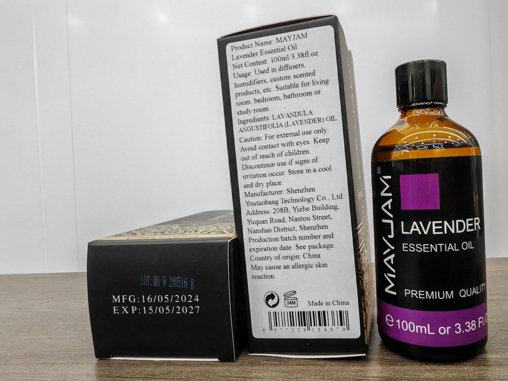 Elegant MAYJAM Lavender Essential Oil gift packaging