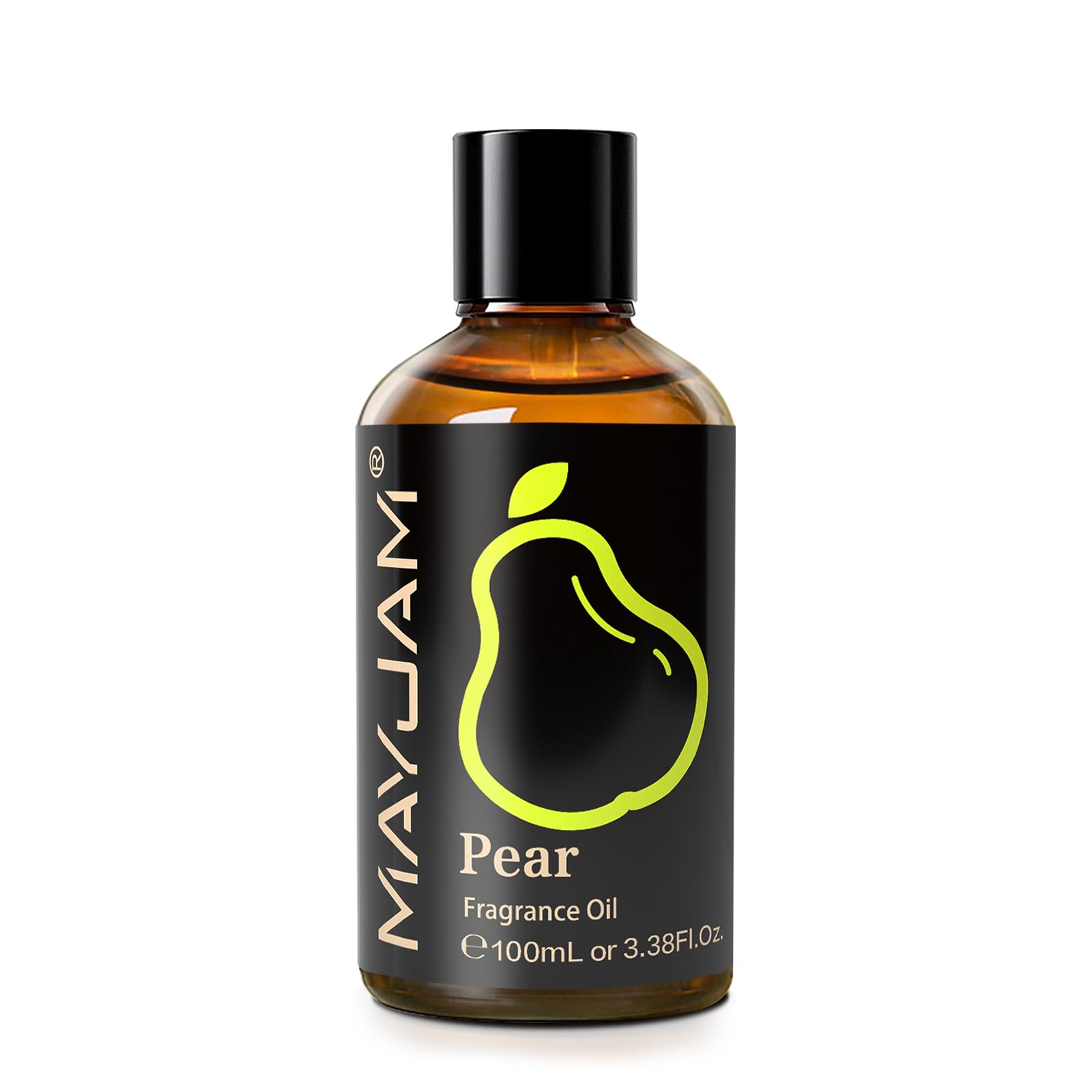 Close-up of MAYJAM Pear Fragrance Oil 100ml amber bottle with dropper