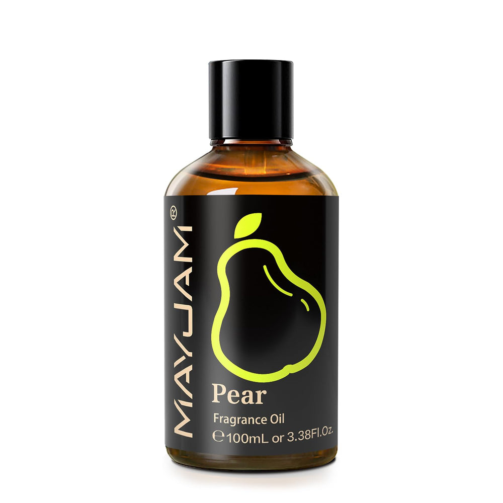 Close-up of MAYJAM Pear Fragrance Oil 100ml amber bottle with dropper