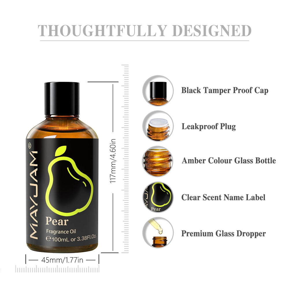Close-up of labels on MAYJAM Pear Fragrance Oil 100ml