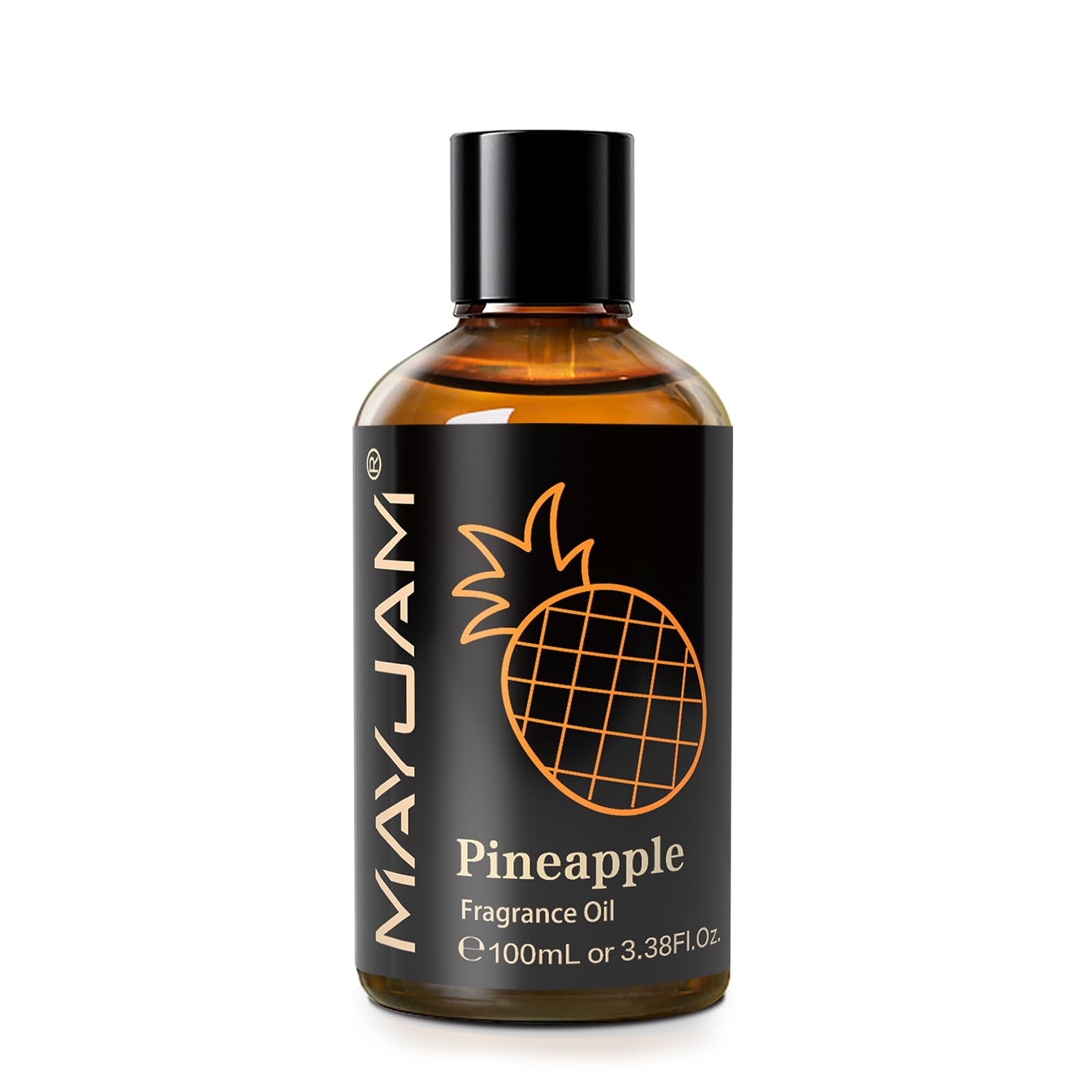 Close-up of MAYJAM Pineapple fragrance oil bottle with amber glass