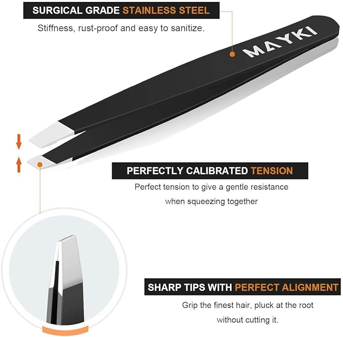MAYKI Pointed-Slant Tweezers combine precision and control for stubborn hairs.