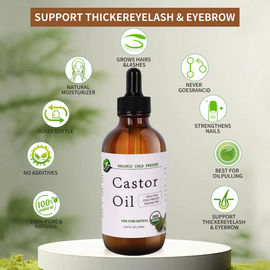 MAYLINK Organic cold pressed castor oil amber bottle close-up emphasizes natural purity and quality.