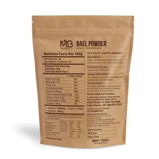 Bael Powder packaging shot showing MB Herbals packaging
