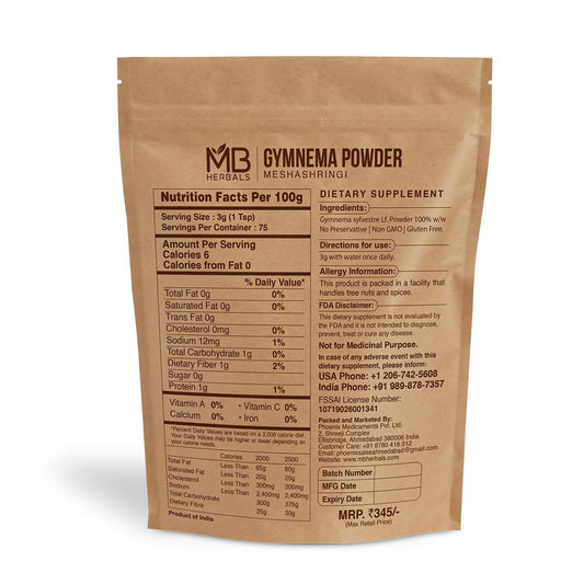 Close-up of MB Herbals Gymnema Leaf Powder with 8 oz / 227 g jar, showing texture and packaging