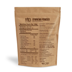 Close-up of MB Herbals Gymnema Leaf Powder with 8 oz / 227 g jar, showing texture and packaging