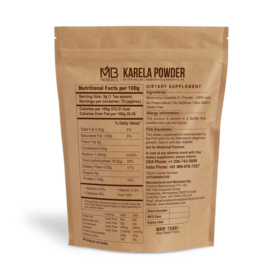 Close-up of de-seeded karela powder from MB Herbals