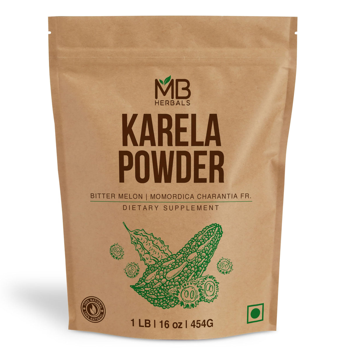 Front view of MB Herbals De-Seeded Karela Powder 454g (1 lb 16 oz)