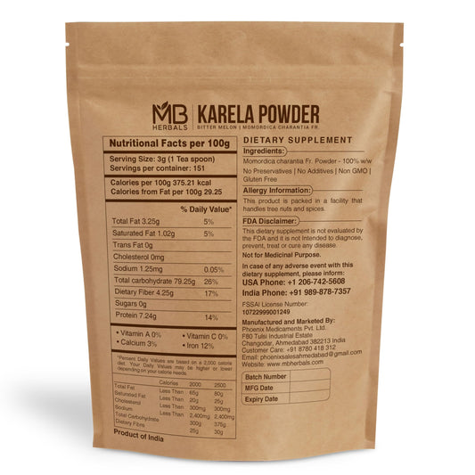 Packaging and label of MB Herbals De-Seeded Karela Powder 454g
