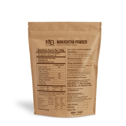 Close-up of MB Herbals Manjishtha Powder texture and container label