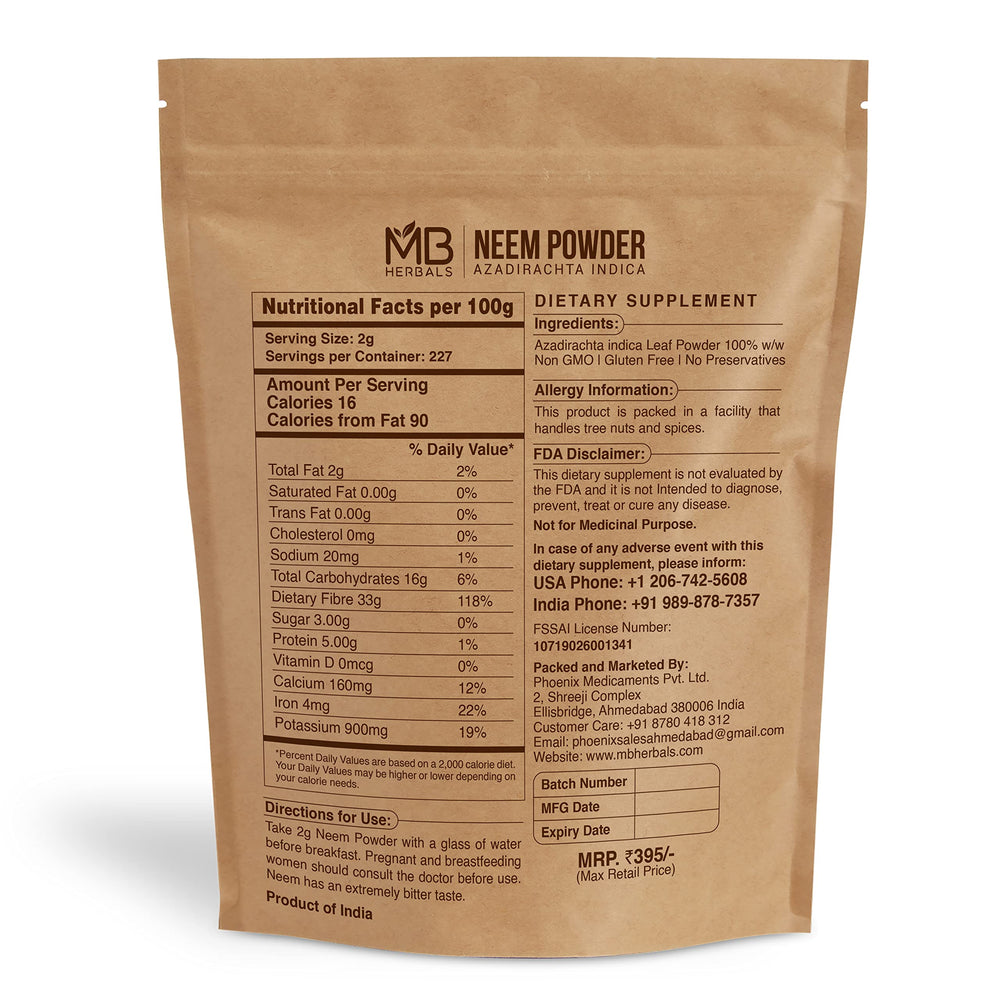 Close-up of MB Herbals Neem Powder 454g highlighting gluten-free and preservative-free formula for skin and hair care