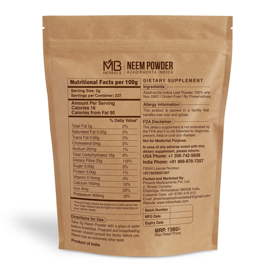 Close-up of MB Herbals Neem Powder 454g highlighting gluten-free and preservative-free formula for skin and hair care