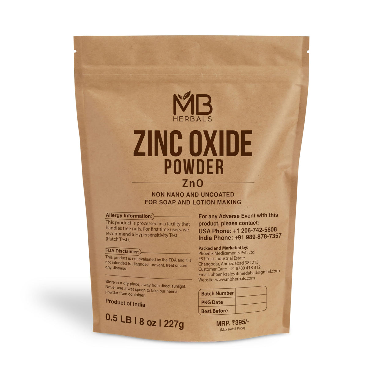 MB Herbals Zinc Oxide Powder 8 oz packaging - uncoated and non-nano